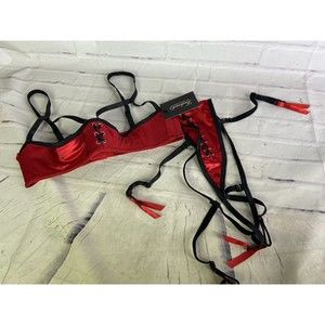 Frederick's Of Hollywood Underbust Bra Garter Thong Set Red Black Women's Size S